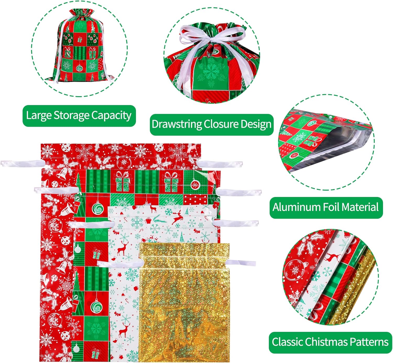 13 Pack Christmas Drawstring Gift Bags – 6 Festive Patterns, 4 Sizes Reusable Xmas Wrapping Bags for Presents, Candy, Birthday & Holiday Party