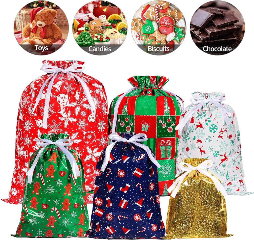 13 Pack Christmas Drawstring Gift Bags – 6 Festive Patterns, 4 Sizes Reusable Xmas Wrapping Bags for Presents, Candy, Birthday & Holiday Party