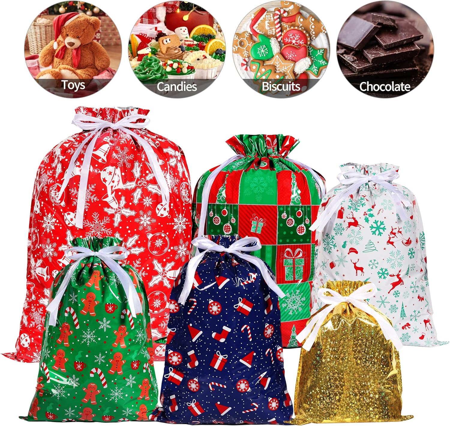 13 Pack Christmas Drawstring Gift Bags – 6 Festive Patterns, 4 Sizes Reusable Xmas Wrapping Bags for Presents, Candy, Birthday & Holiday Party