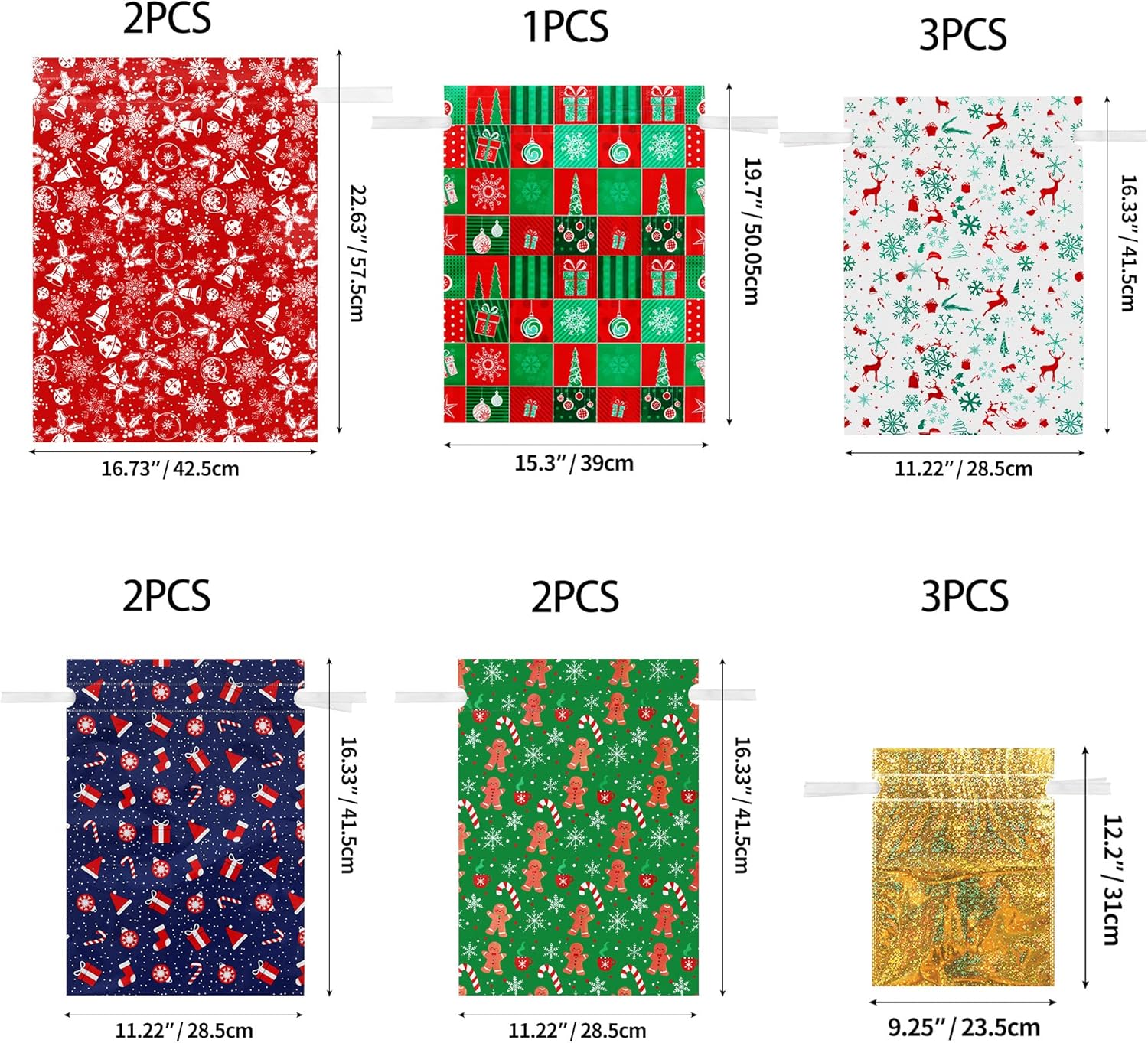 13 Pack Christmas Drawstring Gift Bags – 6 Festive Patterns, 4 Sizes Reusable Xmas Wrapping Bags for Presents, Candy, Birthday & Holiday Party