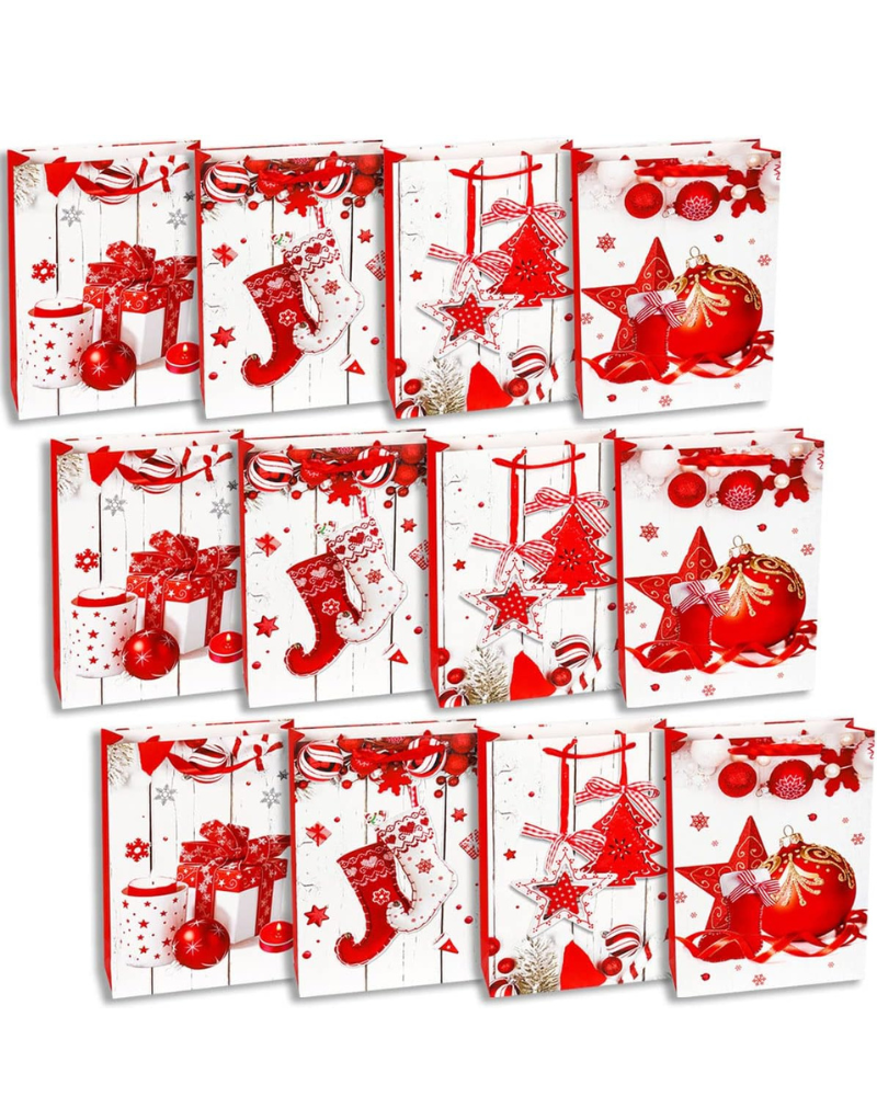 Gift Bags Christmas - 12 Pack - Gift Bags with 4 Winter Design for Christmas Presents, Stocking Stuffers, Gift Wrap and Party Favours (24x18x8cm)