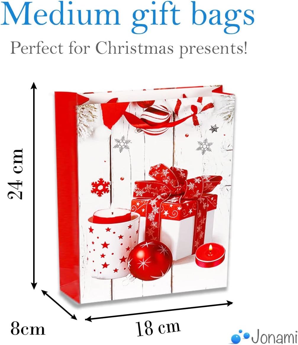 Gift Bags Christmas - 12 Pack - Gift Bags with 4 Winter Design for Christmas Presents, Stocking Stuffers, Gift Wrap and Party Favours (24x18x8cm)