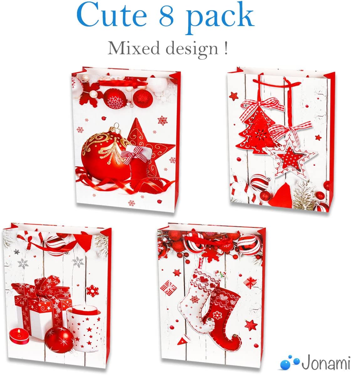 Gift Bags Christmas - 8 Pack - Gift Bags with 4 Winter Design for Christmas Presents, Stocking Stuffers, Gift Wrap and Party Favours (32x26x10cm)