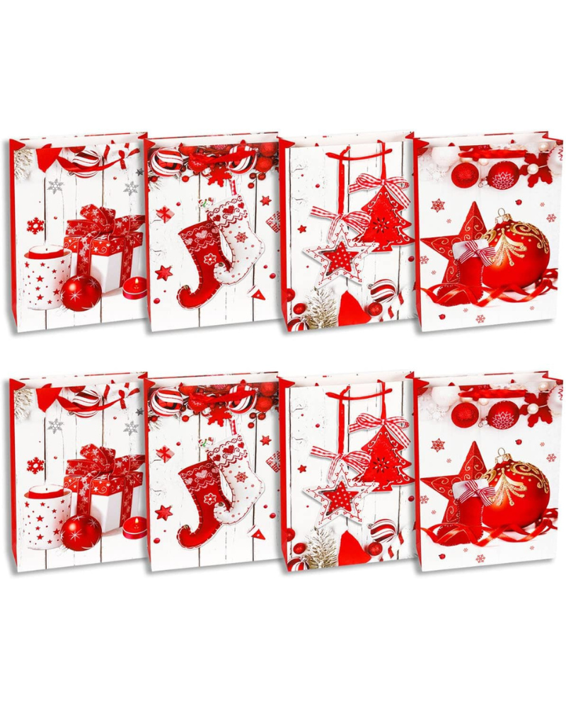 Gift Bags Christmas - 8 Pack - Gift Bags with 4 Winter Design for Christmas Presents, Stocking Stuffers, Gift Wrap and Party Favours (32x26x10cm)