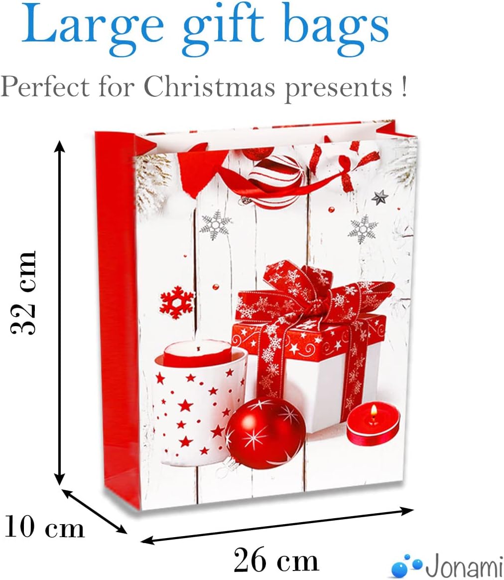 Gift Bags Christmas - 8 Pack - Gift Bags with 4 Winter Design for Christmas Presents, Stocking Stuffers, Gift Wrap and Party Favours (32x26x10cm)