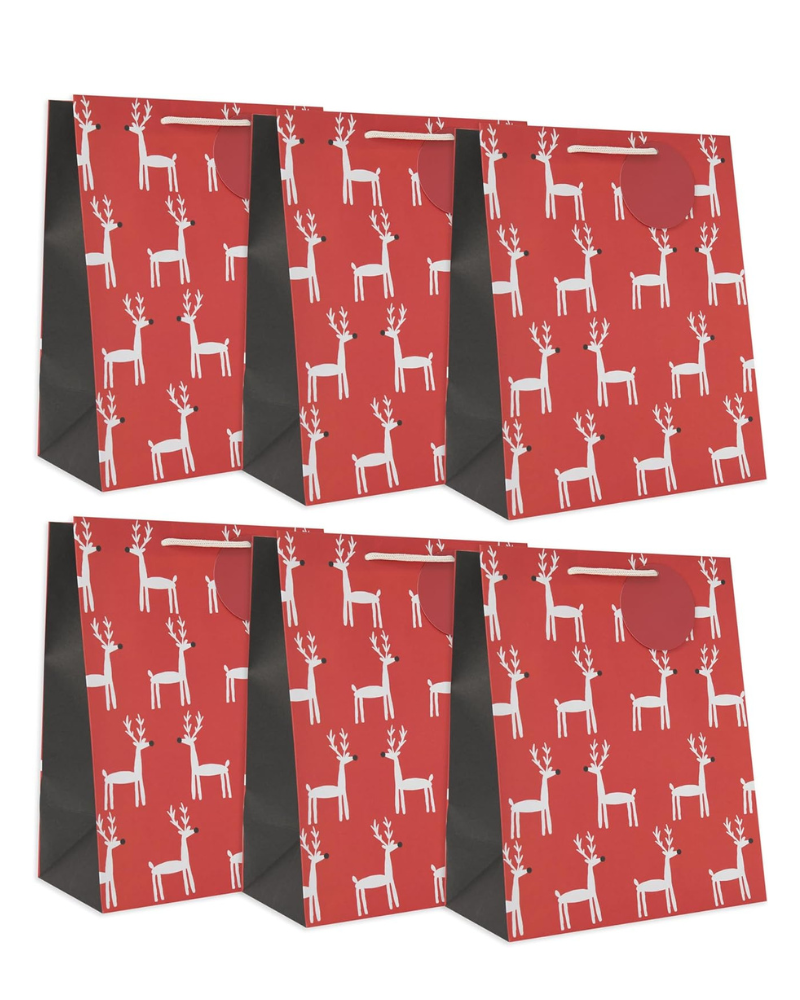 Multipack of 6 Large Gift Bags for Him/Her/Friend | For Christmas Gifts | Reindeer Design | 26.7 x 33 x 13.7 cm