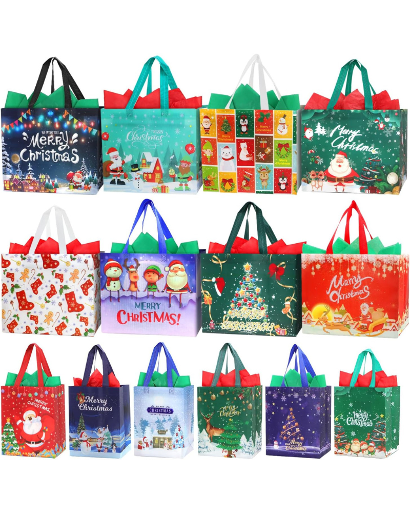 14 Pack Christmas Gift Bags with Tissue Paper – Assorted Sizes Non-Woven Reusable Xmas Tote Bags with Handles (8 Large & 6 Medium) – Waterproof Christmas Party Bags for Friends, Family & Kids Presents