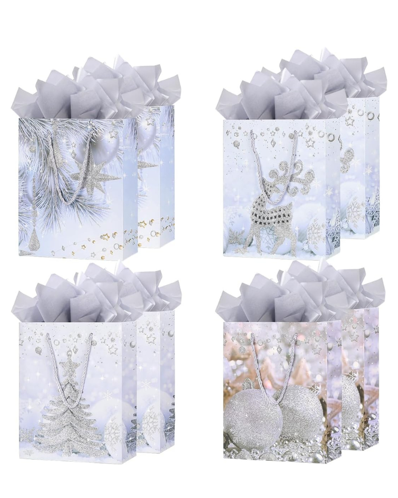 8 Pack Large Christmas Gift Bags with Tissue Paper – 12.6'' Reusable Xmas Paper Gift Bags, 4 Assorted Glitter Designs (Snowflake, Bell, Christmas Tree & Deer) – Premium Christmas Treat Bags for Presents & Holidays