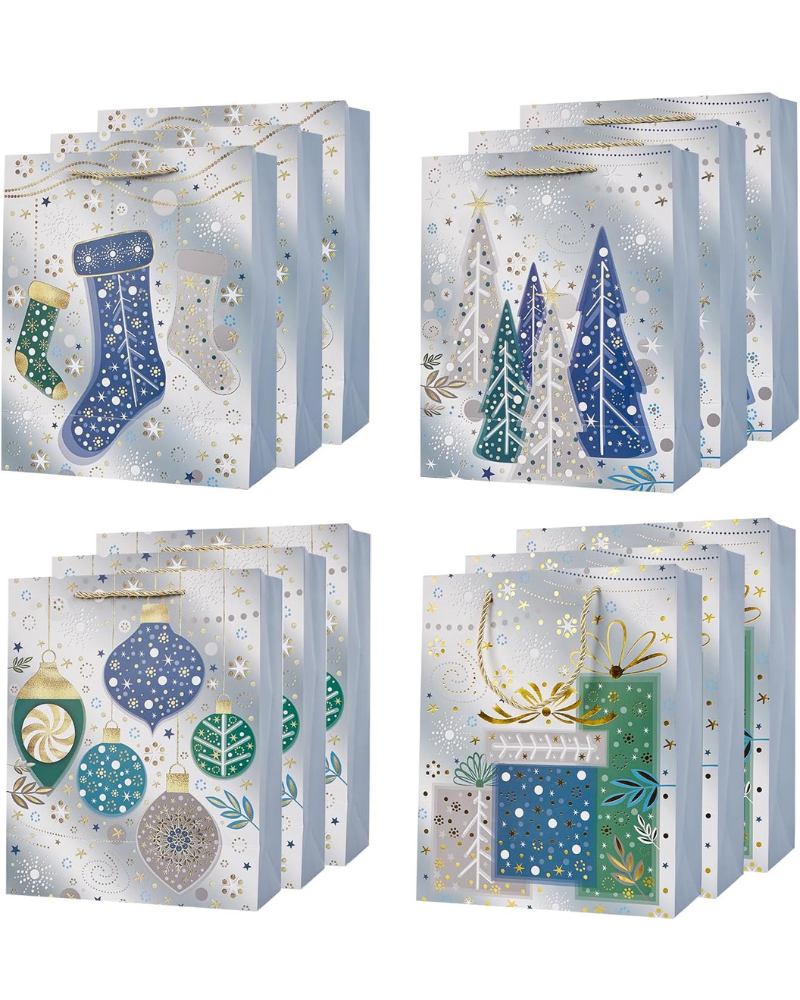 12Pcs Christmas Paper Gift Bags with Tissue Paper, 9 Inch Medium Size Assorted Christmas Elements Gift Wrap Bag for Xmas Party Presents Favors (Sliver)