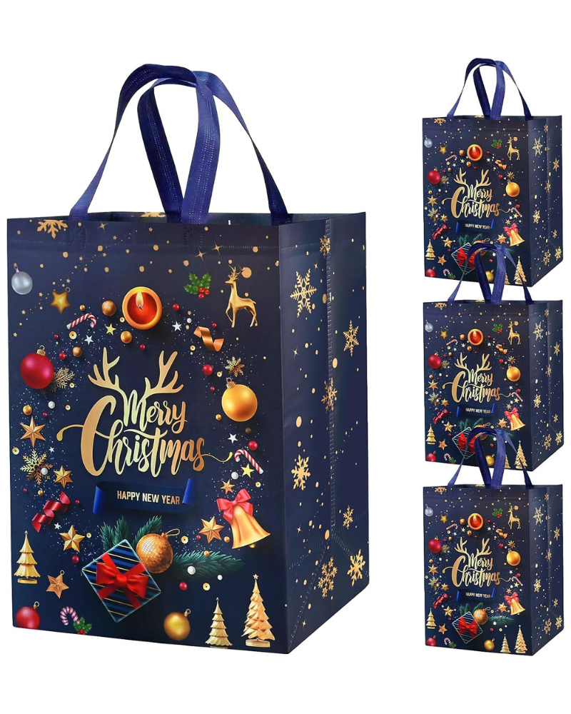 4 Pack Large Christmas Gift Bags Multipack – 18x30x41cm Reusable Non-Woven Xmas Present Bags in Red, Gold & Black – DXTXTJ Extra-Large Christmas Tote Bags for Gifts, Parties & Holiday Wrapping