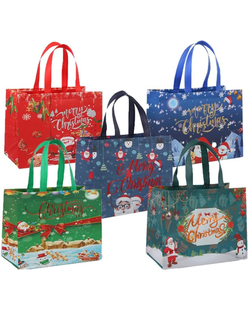 5 Pack Christmas Tote Bags Mix Color Set, Reusable Tote Bag With Handle, Christmas Fashionable Bag Foldable Water Resistant Gift Shopping Bag for Xmas Party