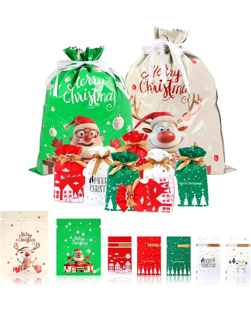 Christmas Drawstring Gift Bags, 38 Pcs Xmas Wrapping Bags Large Medium Small Christmas Bag for Holiday Presents
