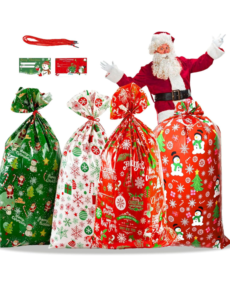 4Pcs Christmas Bags, Extra Large Christmas Giant Gift Bag, 36x56"Large Xmas Drawstring Gift Bags for Presents Xmas Sacks Large with Gift Tags & Tie Party Favors