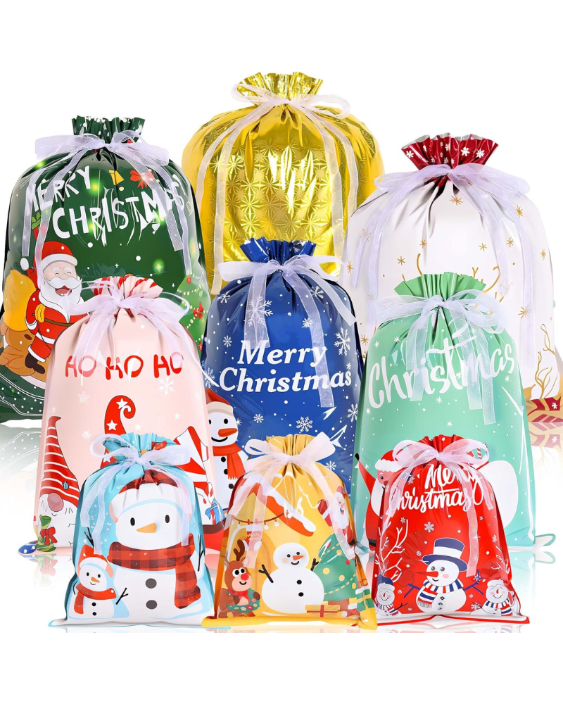 32 Pack Christmas Drawstring Gift Bags – 9 Festive Designs & 5 Sizes Large Medium Small | Reusable Foil Xmas Gift Bags for Presents, Candy, Toys & Party Favors | Holiday Gift Wrapping Bags Multipack