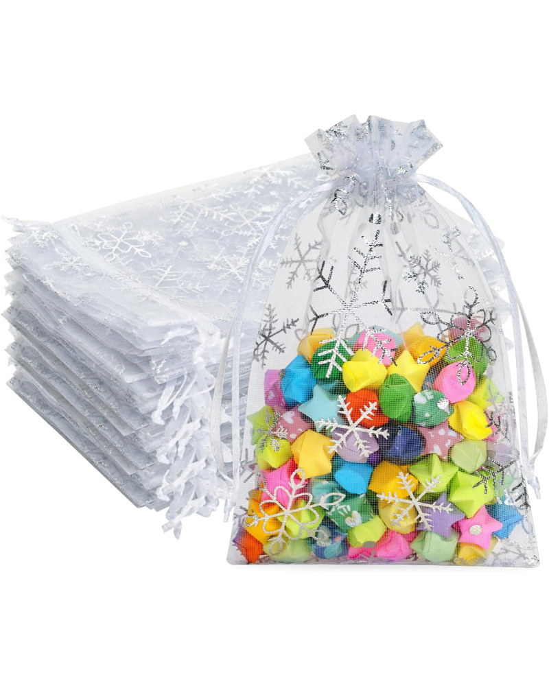 White Christmas Organza Bags, 10x15CM Snowflake Organza Gift Bags, 50 PCS Medium Xmas Gift Pouches for Presents, Reindeer Food, Christmas, Advent Calendars