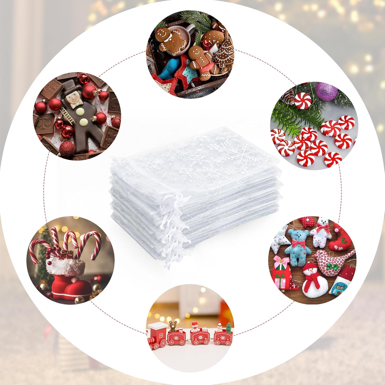 White Christmas Organza Bags, 10x15CM Snowflake Organza Gift Bags, 50 PCS Medium Xmas Gift Pouches for Presents, Reindeer Food, Christmas, Advent Calendars