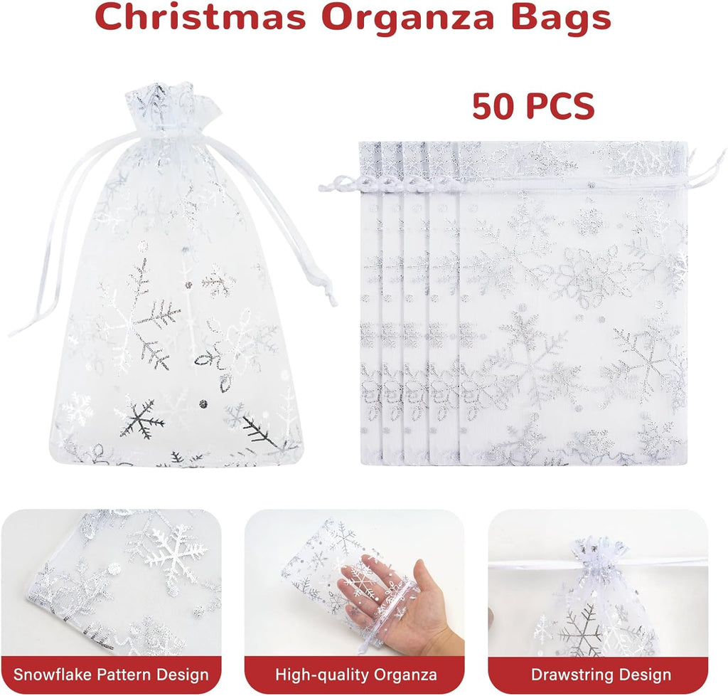 White Christmas Organza Bags, 10x15CM Snowflake Organza Gift Bags, 50 PCS Medium Xmas Gift Pouches for Presents, Reindeer Food, Christmas, Advent Calendars