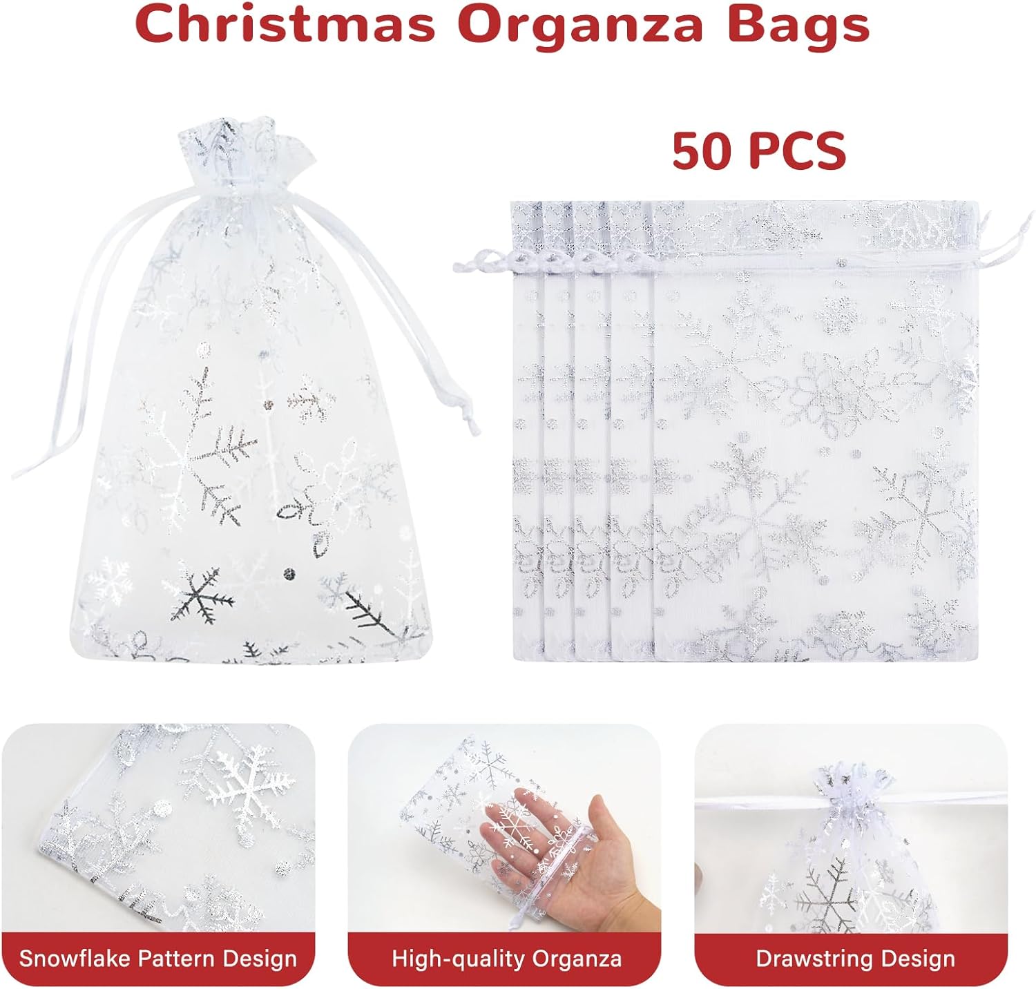 White Christmas Organza Bags, 10x15CM Snowflake Organza Gift Bags, 50 PCS Medium Xmas Gift Pouches for Presents, Reindeer Food, Christmas, Advent Calendars
