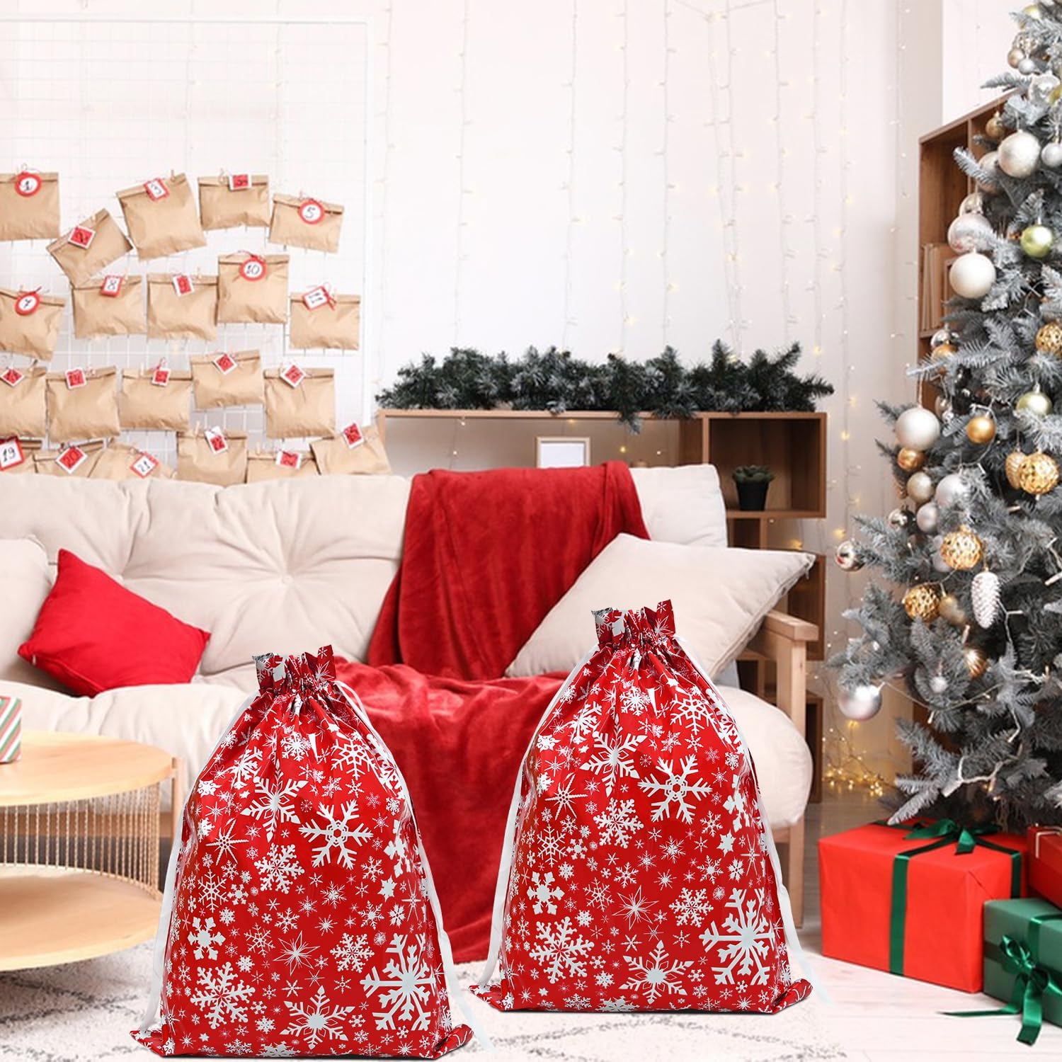 Christmas Bags,4PCS Large Size 43 * 58cm Xmas Gift Drawstring Bags,Red Christmas Bag with White Snowflake Decorations for Party