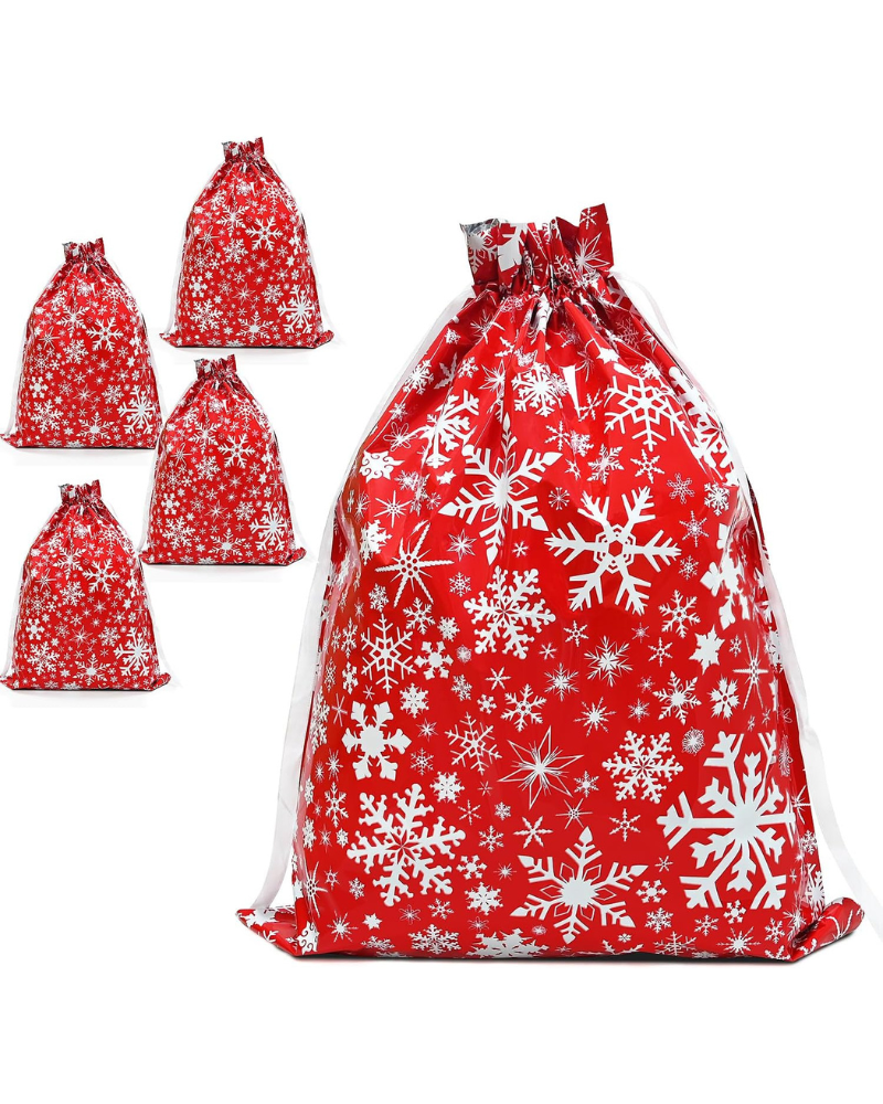 Christmas Bags,4PCS Large Size 43 * 58cm Xmas Gift Drawstring Bags,Red Christmas Bag with White Snowflake Decorations for Party