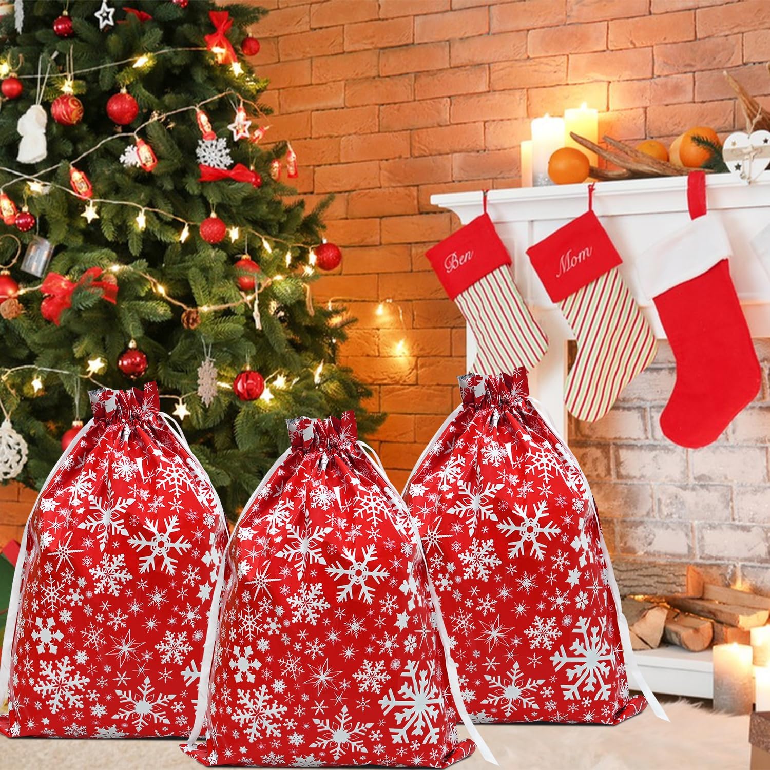 Christmas Bags,4PCS Large Size 43 * 58cm Xmas Gift Drawstring Bags,Red Christmas Bag with White Snowflake Decorations for Party