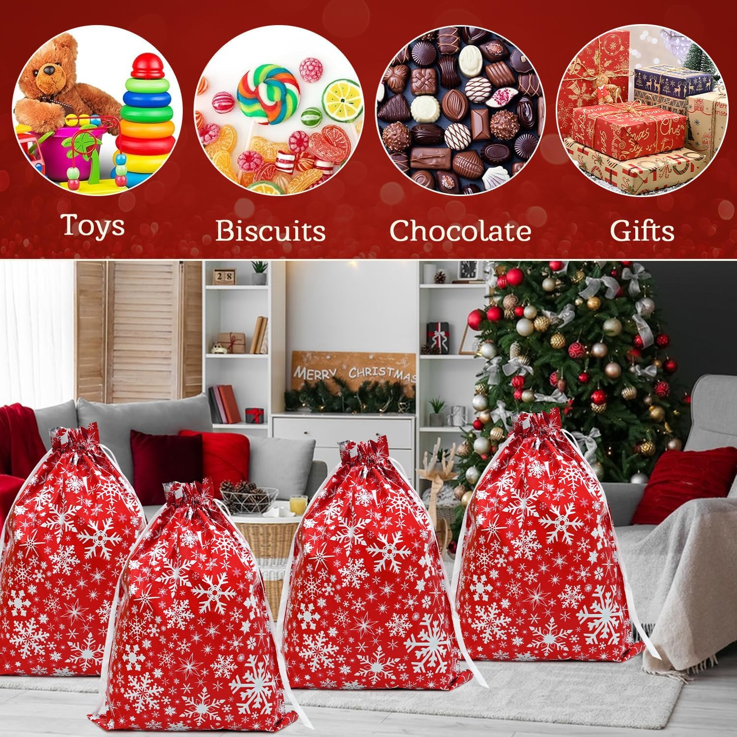 Christmas Bags,4PCS Large Size 43 * 58cm Xmas Gift Drawstring Bags,Red Christmas Bag with White Snowflake Decorations for Party